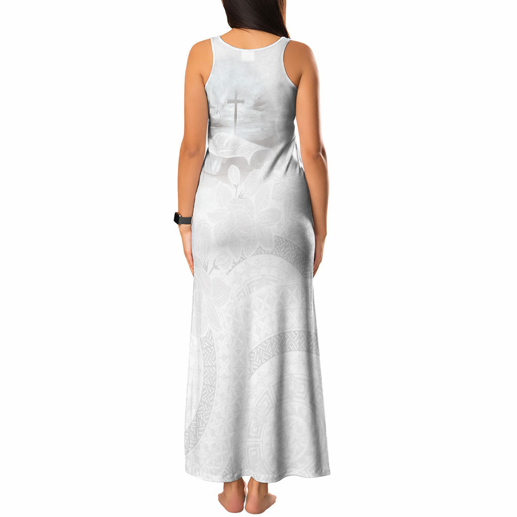 Niue White Sunday Tapu Fanau Tank Maxi Dress Fiti Pua Mix Hiapo Tapa LT7 - Polynesian Pride