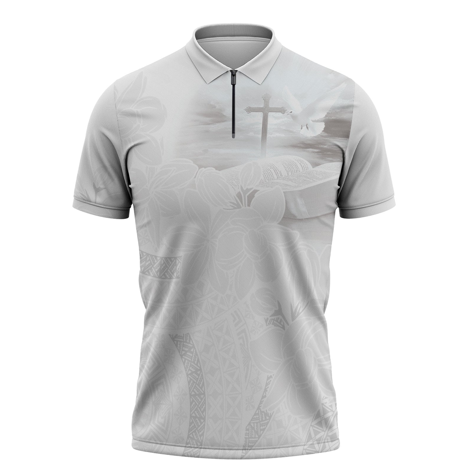 Niue White Sunday Tapu Fanau Zipper Polo Shirt Fiti Pua Mix Hiapo Tapa LT7 White - Polynesian Pride
