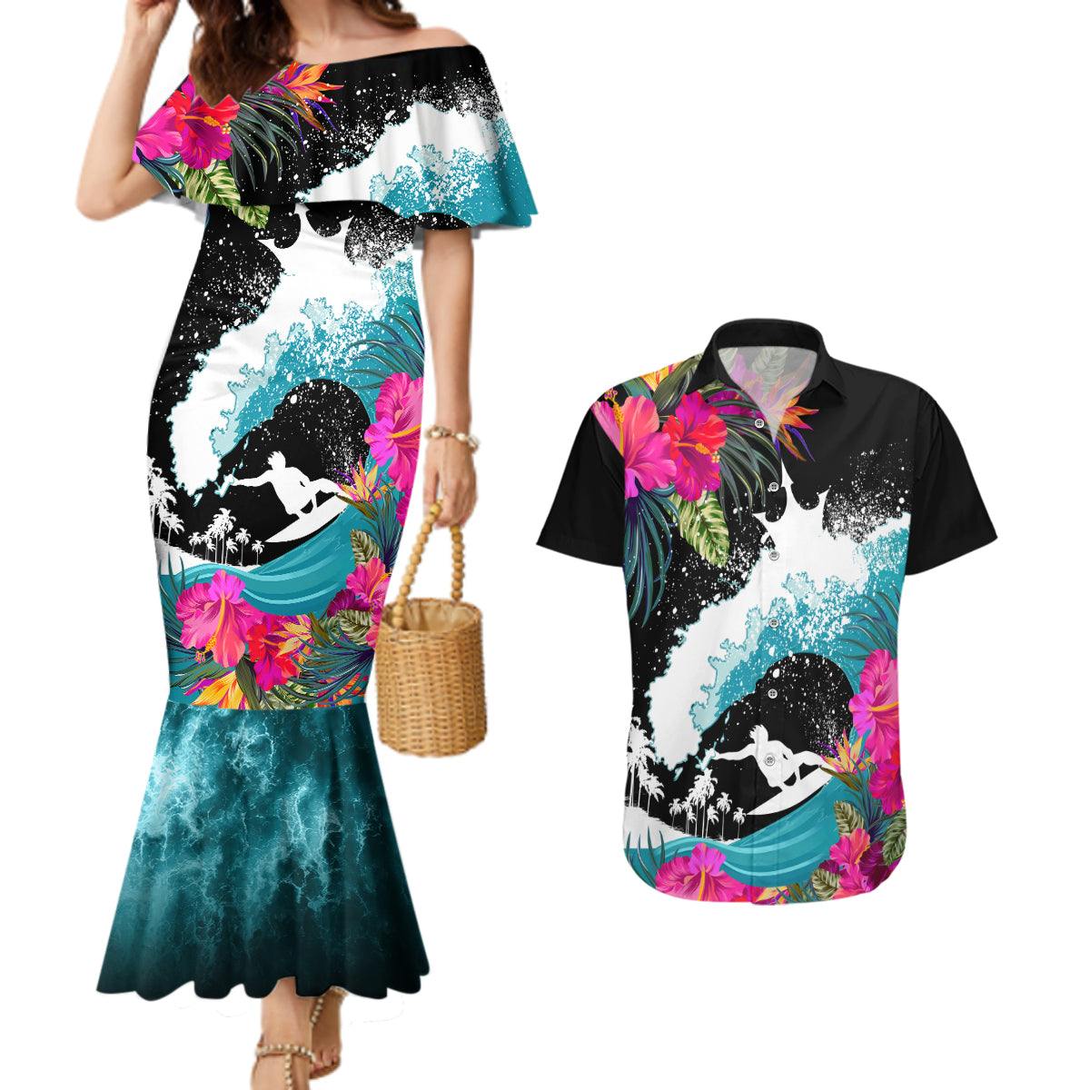 Hawaii Surfing Couples Matching Mermaid Dress and Hawaiian Shirt Triple Crown Rides The Waves LT7 Black - Polynesian Pride