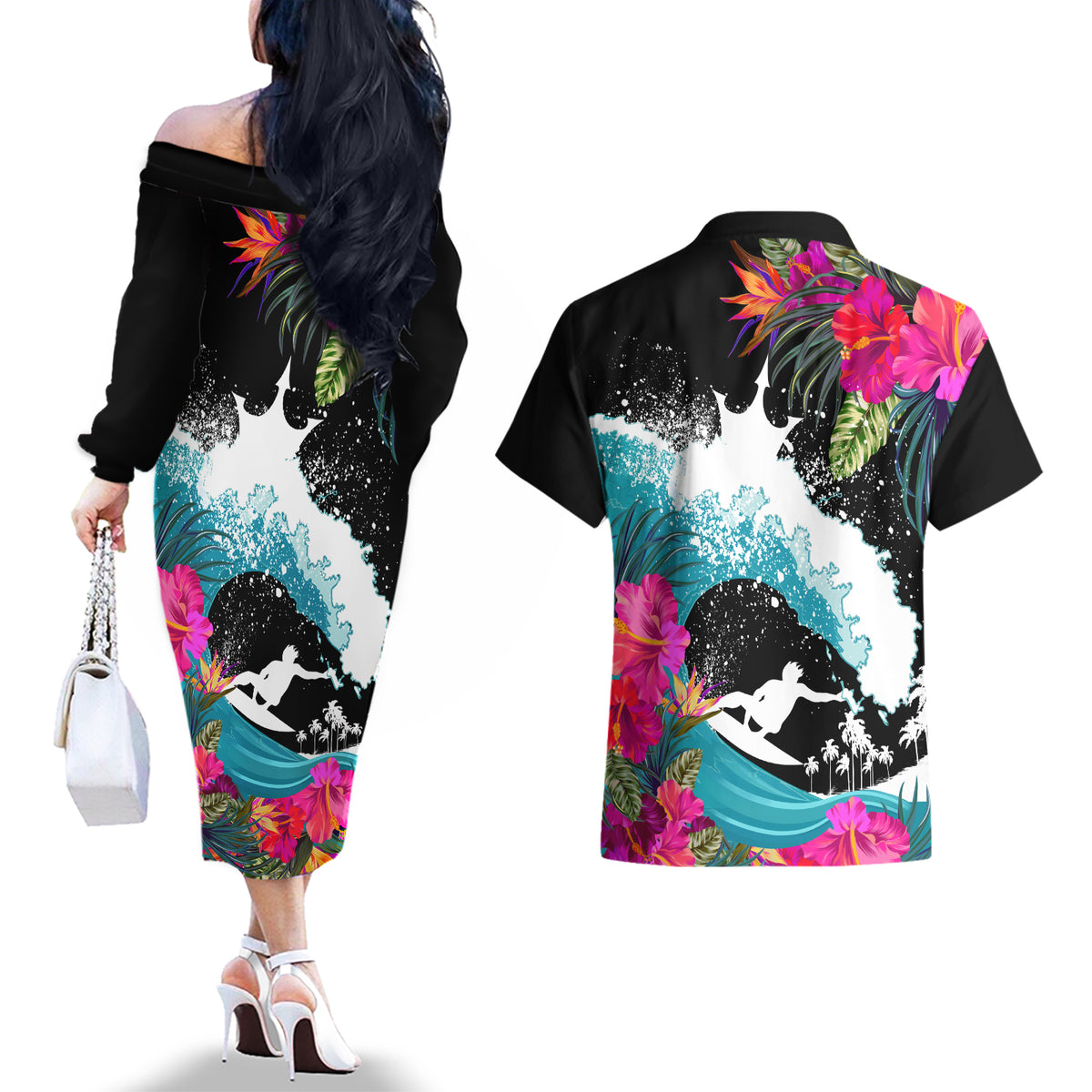 Hawaii Surfing Couples Matching Off The Shoulder Long Sleeve Dress and Hawaiian Shirt Triple Crown Rides The Waves LT7 - Polynesian Pride