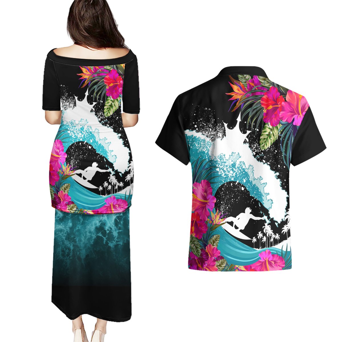 Hawaii Surfing Couples Matching Puletasi Dress and Hawaiian Shirt Triple Crown Rides The Waves LT7 - Polynesian Pride