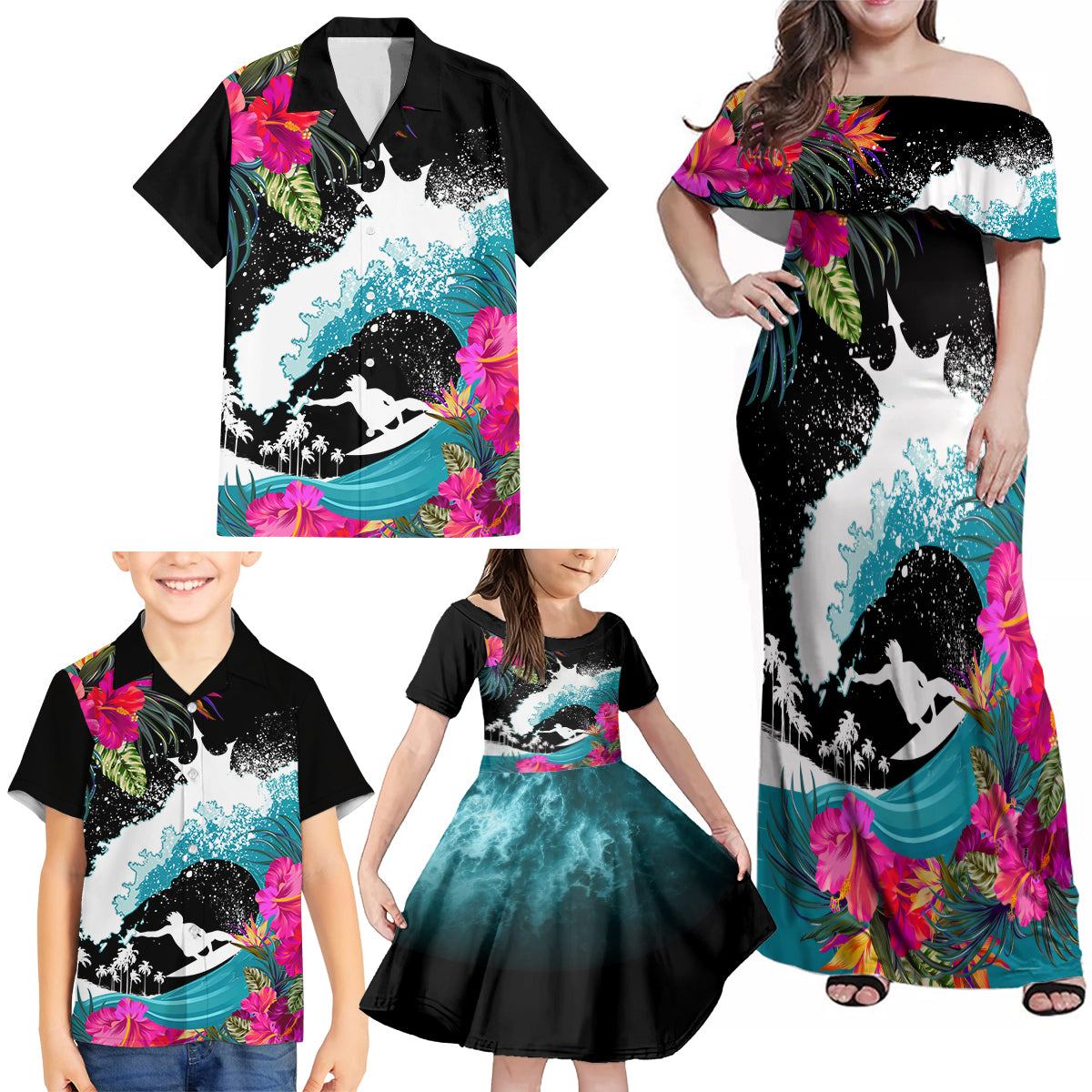 Hawaii Surfing Family Matching Off Shoulder Maxi Dress and Hawaiian Shirt Triple Crown Rides The Waves LT7 - Polynesian Pride