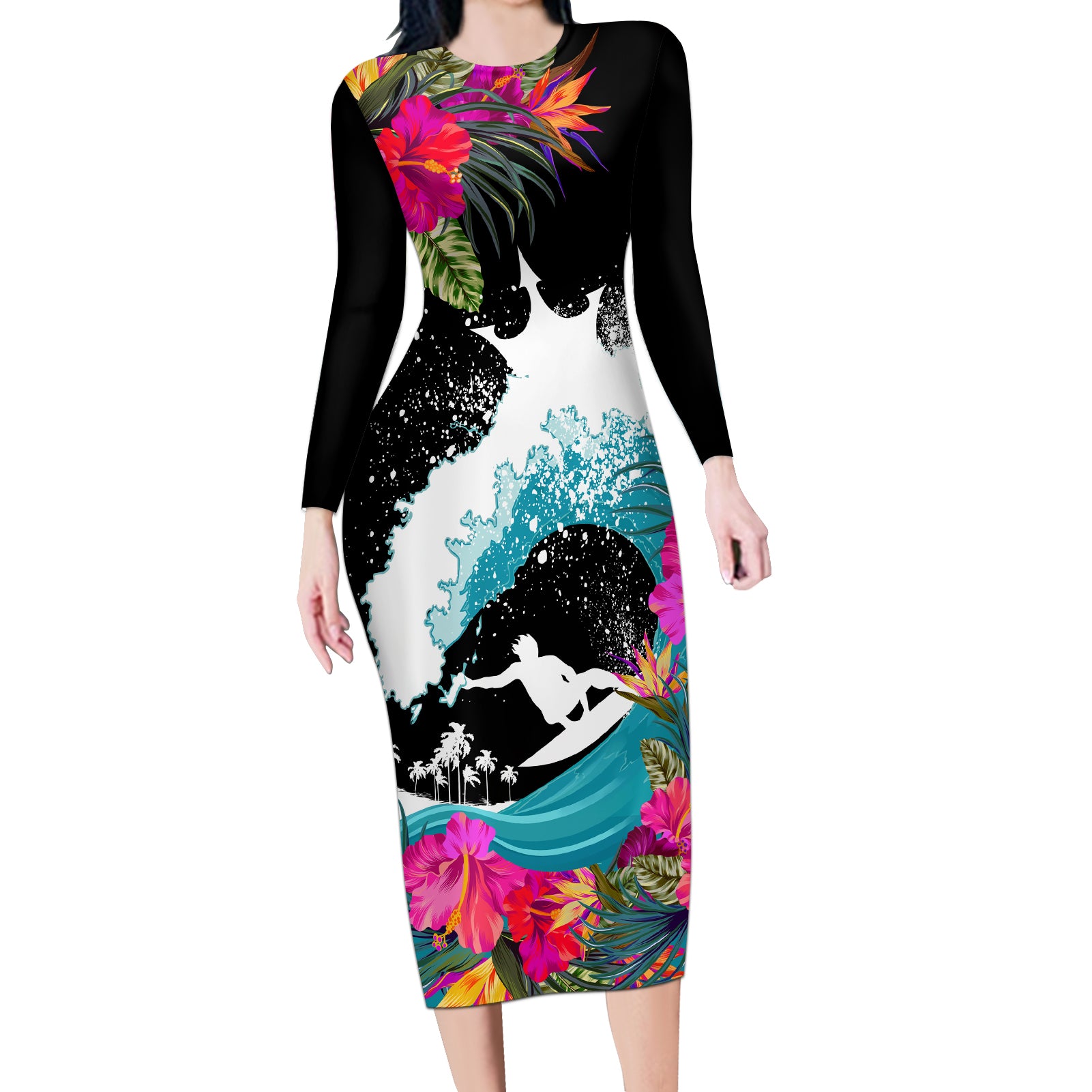 Hawaii Surfing Long Sleeve Bodycon Dress Triple Crown Rides The Waves LT7 Long Dress Black - Polynesian Pride