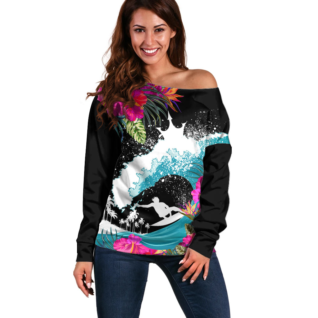 Hawaii Surfing Off Shoulder Sweater Triple Crown Rides The Waves LT7 Women Black - Polynesian Pride