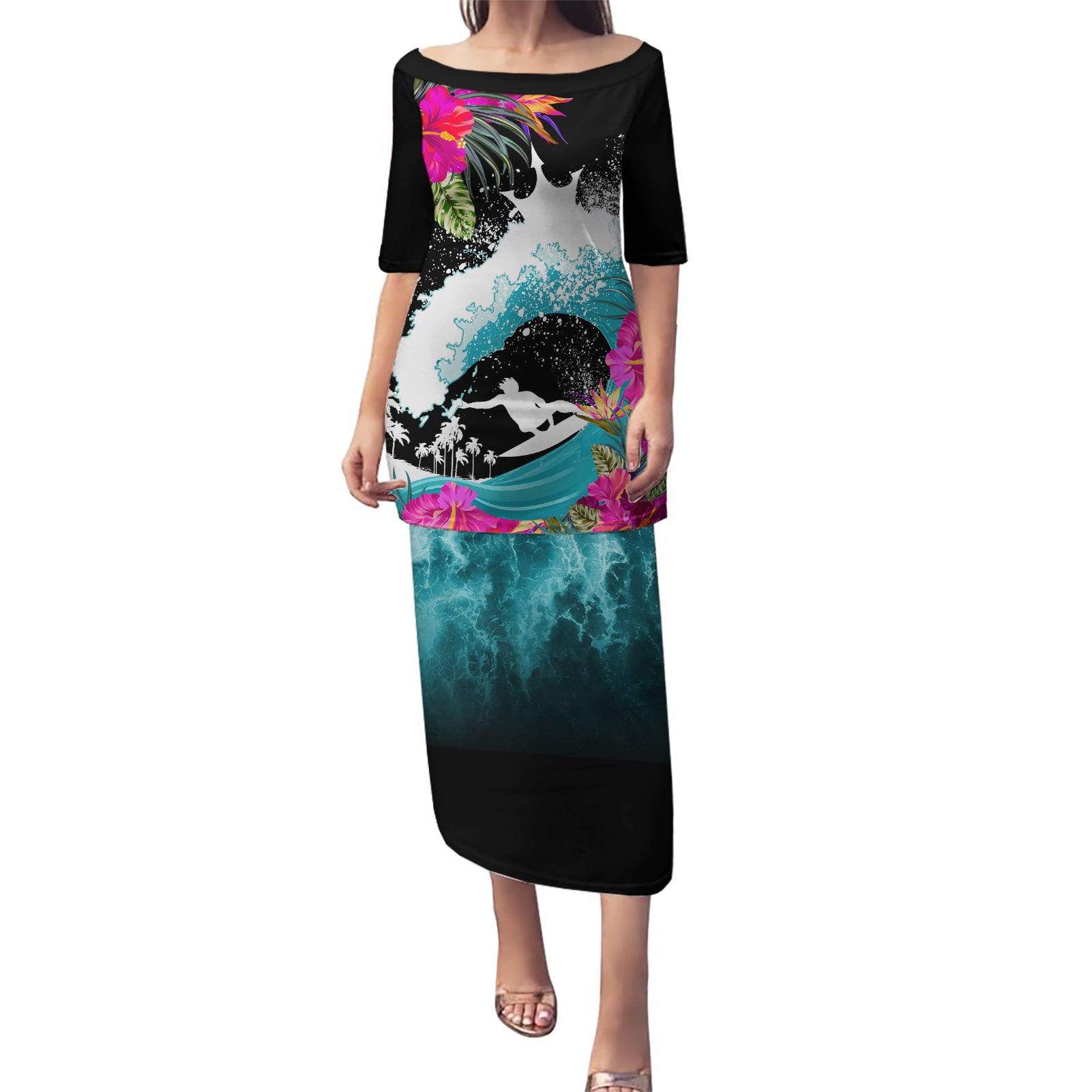 Hawaii Surfing Puletasi Triple Crown Rides The Waves LT7 Long Dress Black - Polynesian Pride