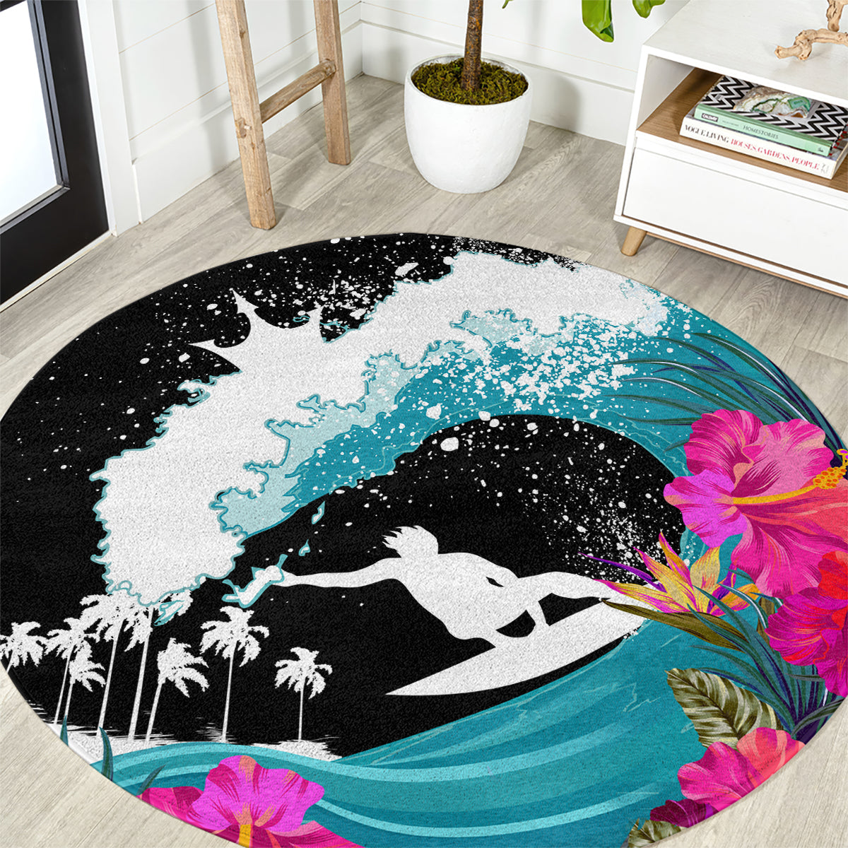 Hawaii Surfing Round Carpet Triple Crown Rides The Waves LT7 Black - Polynesian Pride