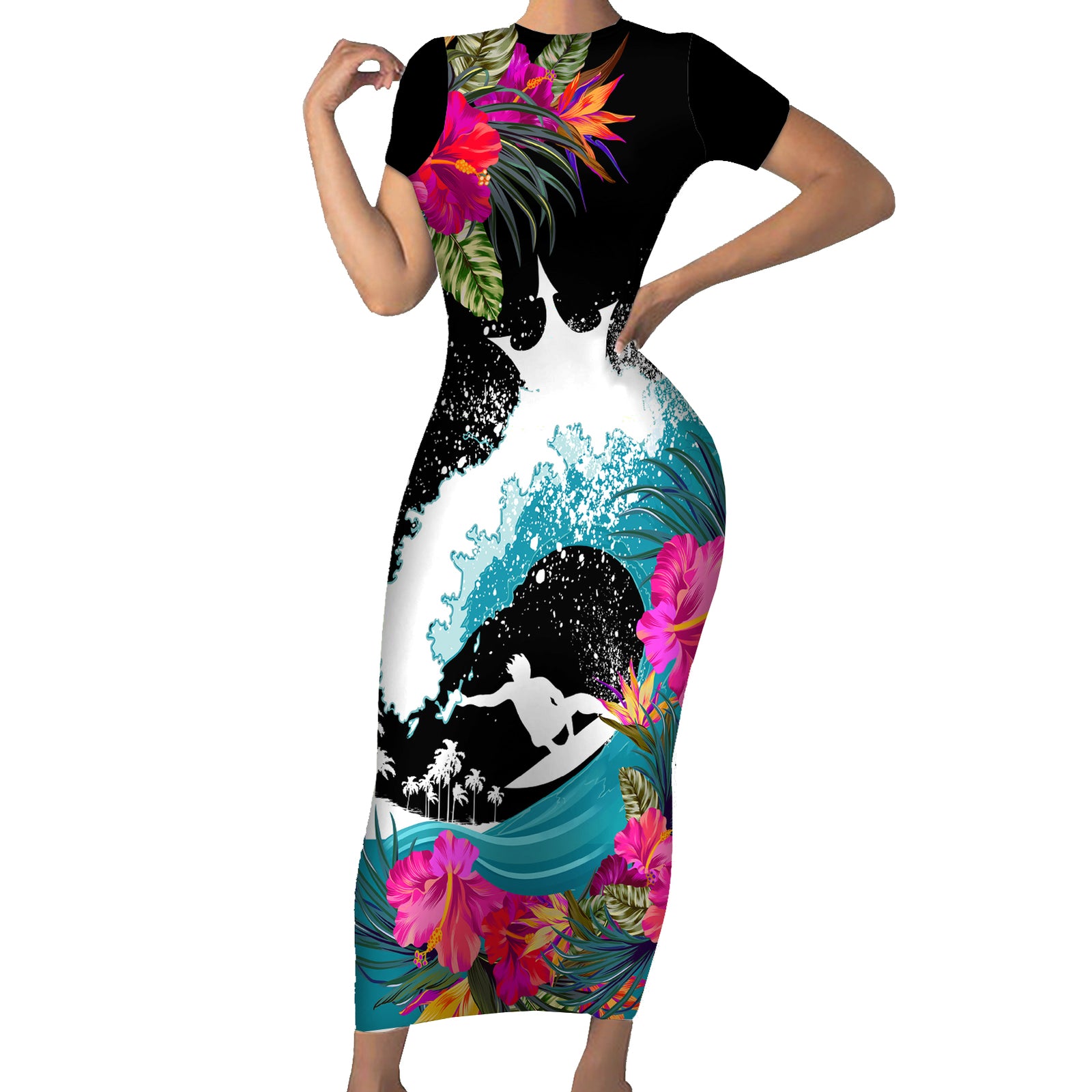 Hawaii Surfing Short Sleeve Bodycon Dress Triple Crown Rides The Waves LT7 Long Dress Black - Polynesian Pride