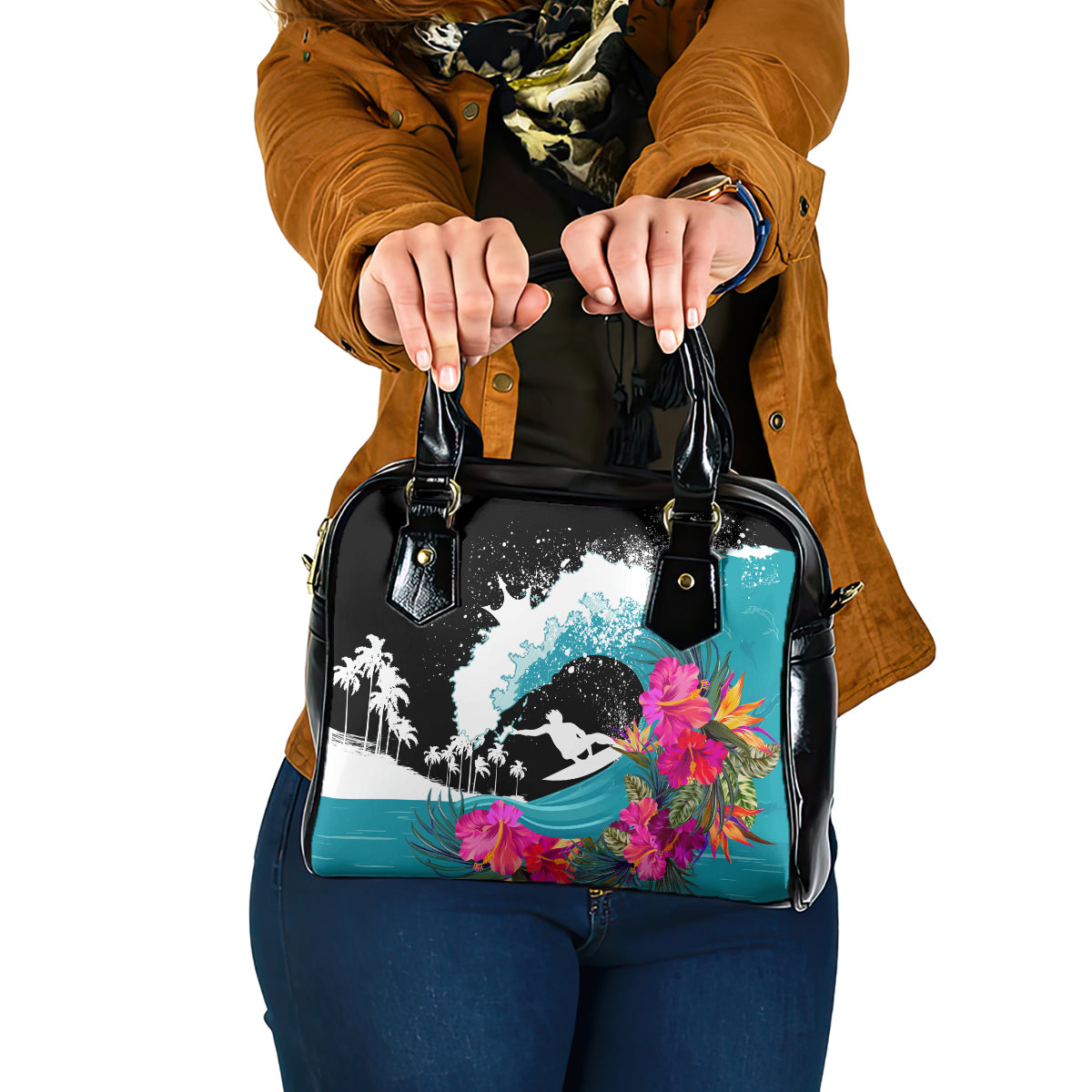 Hawaii Surfing Shoulder Handbag Triple Crown Rides The Waves LT7 One Size Black - Polynesian Pride