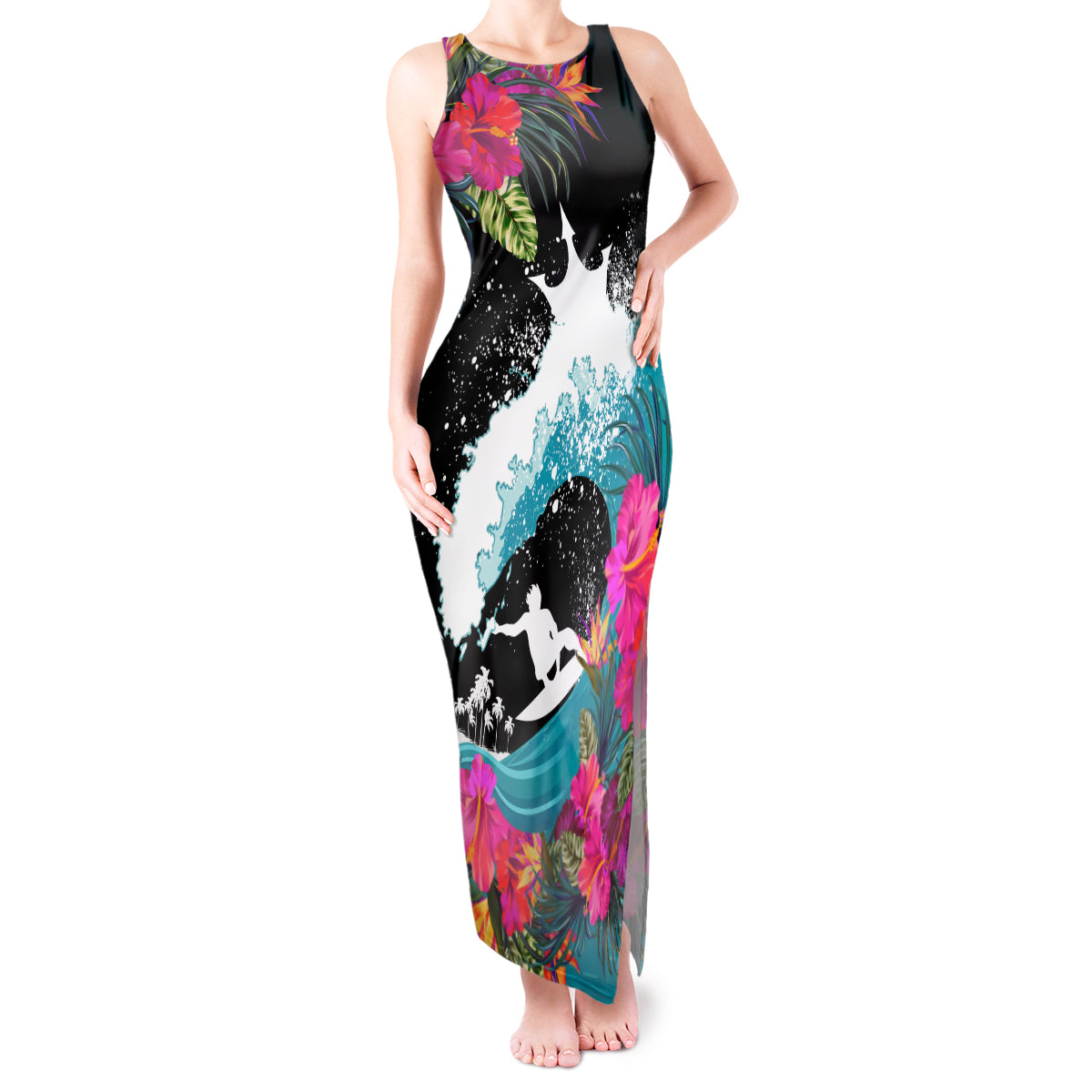 Hawaii Surfing Tank Maxi Dress Triple Crown Rides The Waves LT7 Women Black - Polynesian Pride