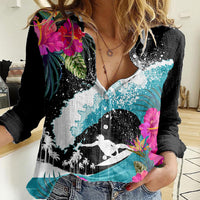 Hawaii Surfing Women Casual Shirt Triple Crown Rides The Waves LT7 Female Black - Polynesian Pride