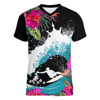 Hawaii Surfing Women V Neck T Shirt Triple Crown Rides The Waves LT7 Female Black - Polynesian Pride