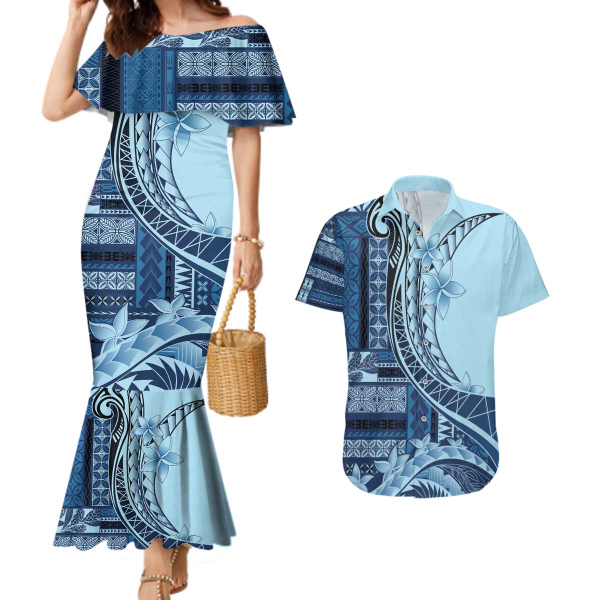 Samoa Siapo Mamanu Couples Matching Mermaid Dress and Hawaiian Shirt Plumeria Navy Blue Motifs