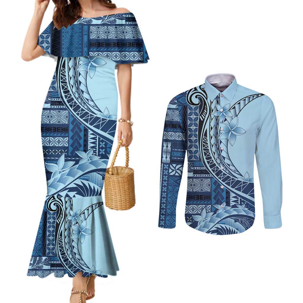 Samoa Siapo Mamanu Couples Matching Mermaid Dress and Long Sleeve Button Shirt Plumeria Navy Blue Motifs LT7 Blue - Polynesian Pride