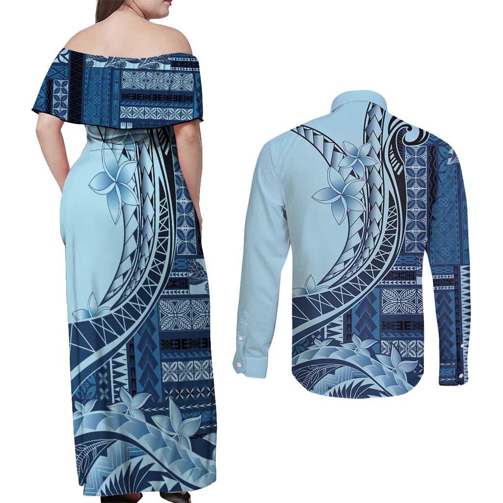 Samoa Siapo Mamanu Couples Matching Off Shoulder Maxi Dress and Long Sleeve Button Shirt Plumeria Navy Blue Motifs LT7 - Polynesian Pride