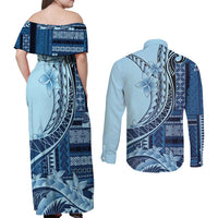 Samoa Siapo Mamanu Couples Matching Off Shoulder Maxi Dress and Long Sleeve Button Shirt Plumeria Navy Blue Motifs LT7 - Polynesian Pride