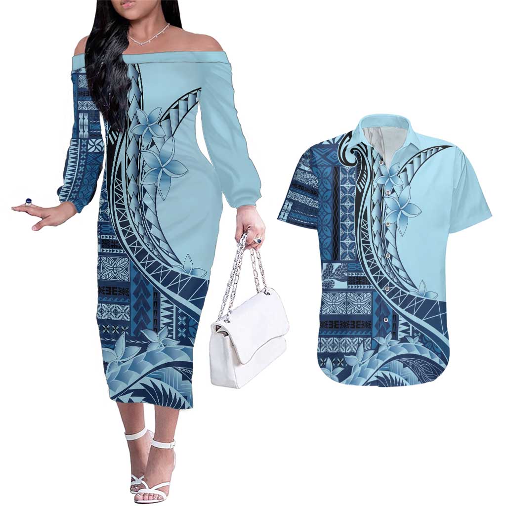 Samoa Siapo Mamanu Couples Matching Off The Shoulder Long Sleeve Dress and Hawaiian Shirt Plumeria Navy Blue Motifs LT7 Blue - Polynesian Pride