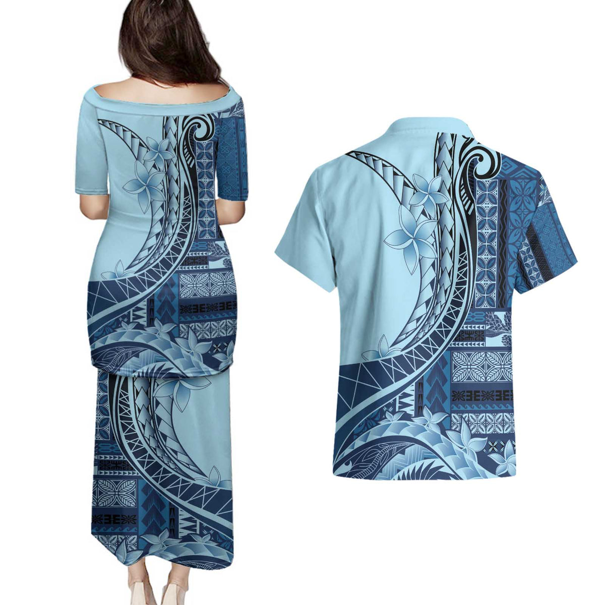 Samoa Siapo Mamanu Couples Matching Puletasi and Hawaiian Shirt Plumeria Navy Blue Motifs LT7 - Polynesian Pride
