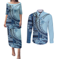 Samoa Siapo Mamanu Couples Matching Puletasi and Long Sleeve Button Shirt Plumeria Navy Blue Motifs LT7 Blue - Polynesian Pride