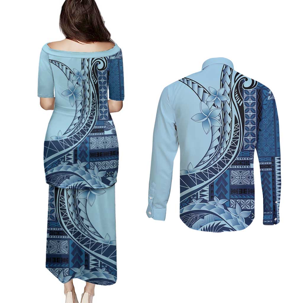 Samoa Siapo Mamanu Couples Matching Puletasi and Long Sleeve Button Shirt Plumeria Navy Blue Motifs LT7 - Polynesian Pride
