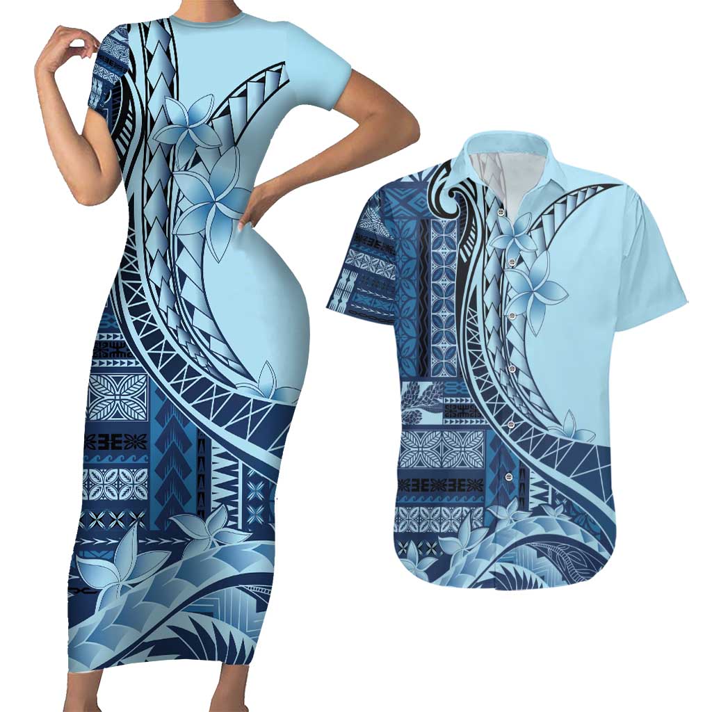 Samoa Siapo Mamanu Couples Matching Short Sleeve Bodycon Dress and Hawaiian Shirt Plumeria Navy Blue Motifs LT7 Blue - Polynesian Pride