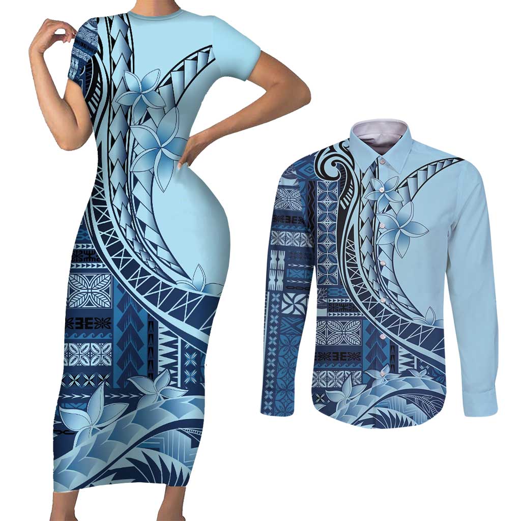 Samoa Siapo Mamanu Couples Matching Short Sleeve Bodycon Dress and Long Sleeve Button Shirt Plumeria Navy Blue Motifs LT7 Blue - Polynesian Pride