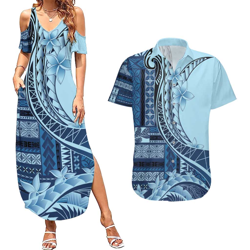 Samoa Siapo Mamanu Couples Matching Summer Maxi Dress and Hawaiian Shirt Plumeria Navy Blue Motifs LT7 Blue - Polynesian Pride