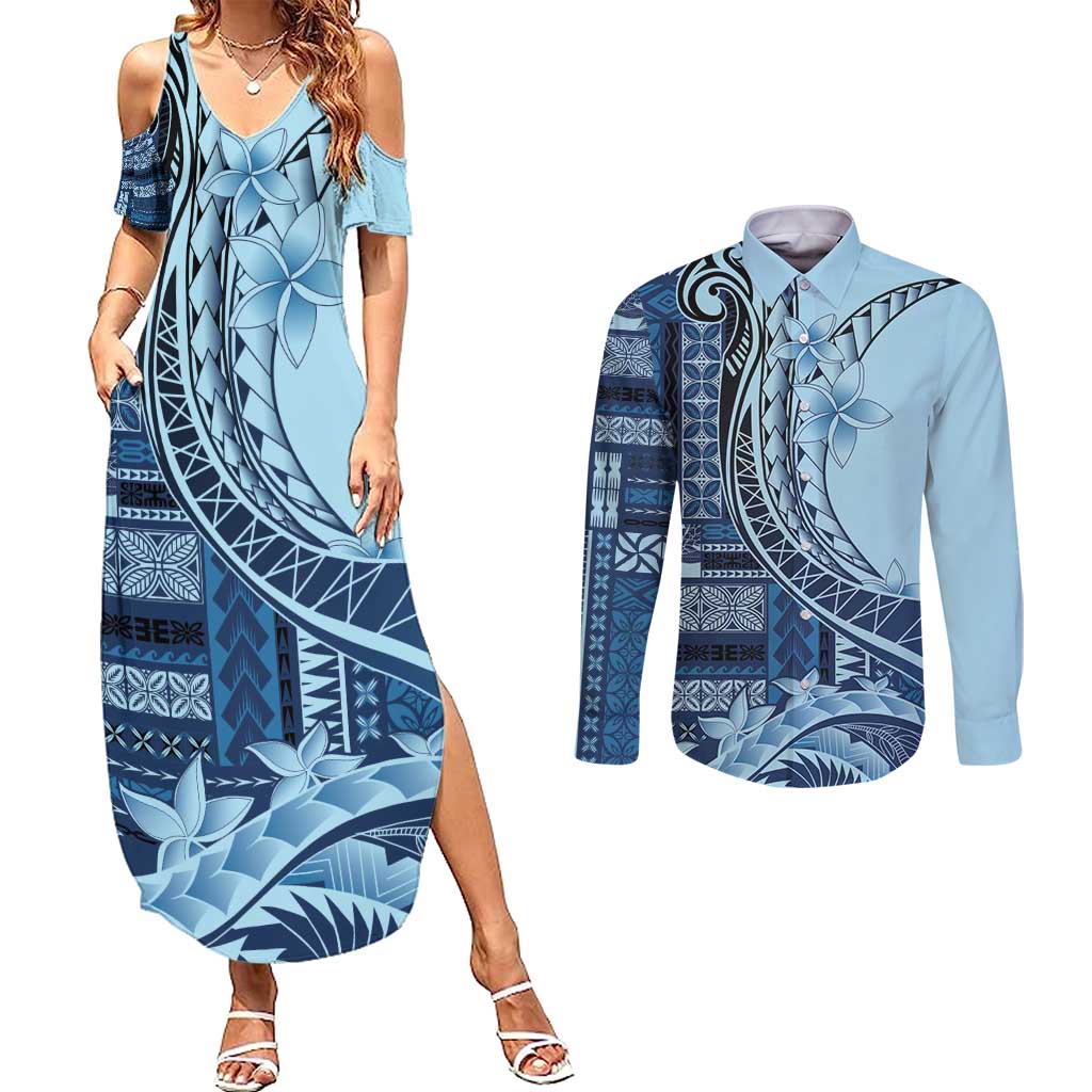 Samoa Siapo Mamanu Couples Matching Summer Maxi Dress and Long Sleeve Button Shirt Plumeria Navy Blue Motifs LT7 Blue - Polynesian Pride