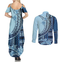 Samoa Siapo Mamanu Couples Matching Summer Maxi Dress and Long Sleeve Button Shirt Plumeria Navy Blue Motifs LT7 - Polynesian Pride