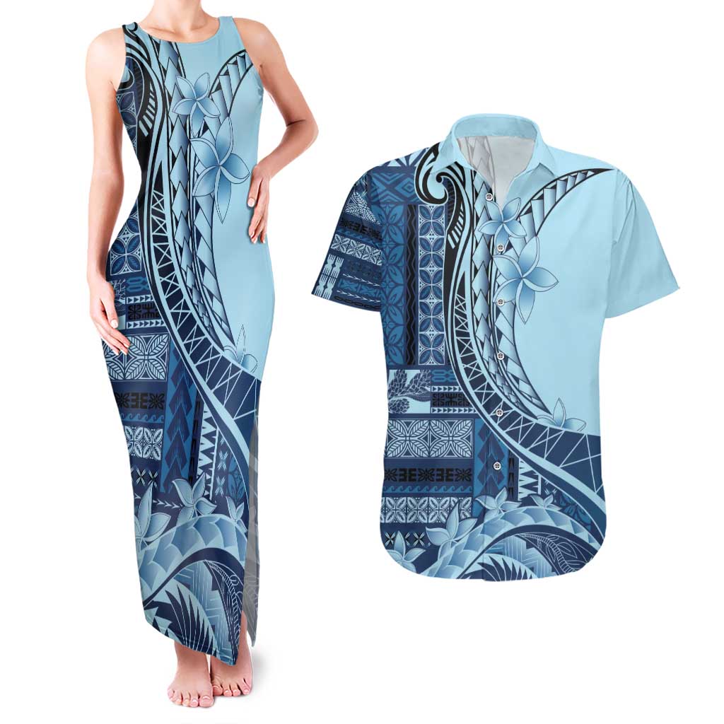 Samoa Siapo Mamanu Couples Matching Tank Maxi Dress and Hawaiian Shirt Plumeria Navy Blue Motifs LT7 Blue - Polynesian Pride