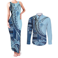 Samoa Siapo Mamanu Couples Matching Tank Maxi Dress and Long Sleeve Button Shirt Plumeria Navy Blue Motifs LT7 Blue - Polynesian Pride