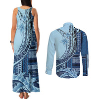 Samoa Siapo Mamanu Couples Matching Tank Maxi Dress and Long Sleeve Button Shirt Plumeria Navy Blue Motifs LT7 - Polynesian Pride
