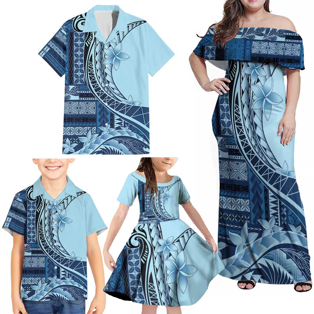 Samoa Siapo Mamanu Family Matching Off Shoulder Maxi Dress and Hawaiian Shirt Plumeria Navy Blue Motifs