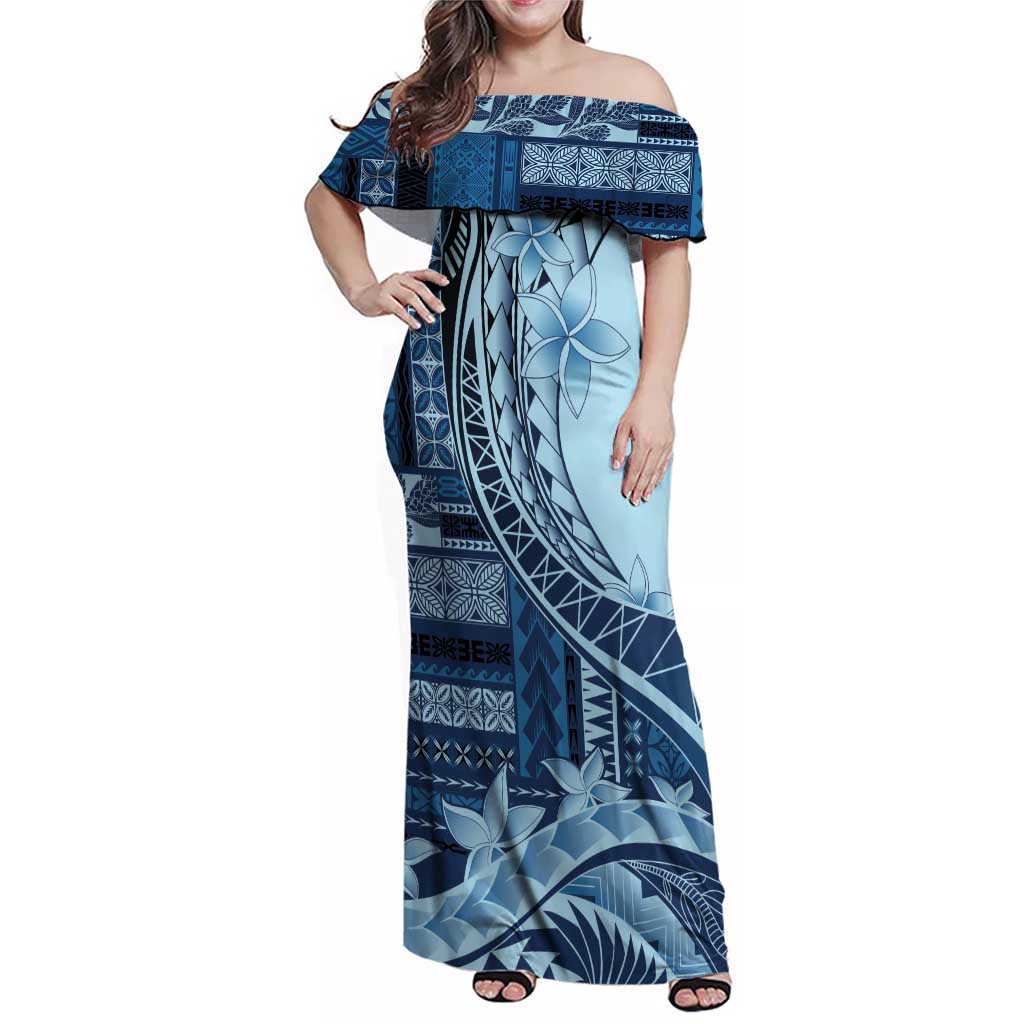 Samoa Siapo Mamanu Family Matching Off Shoulder Maxi Dress and Hawaiian Shirt Plumeria Navy Blue Motifs