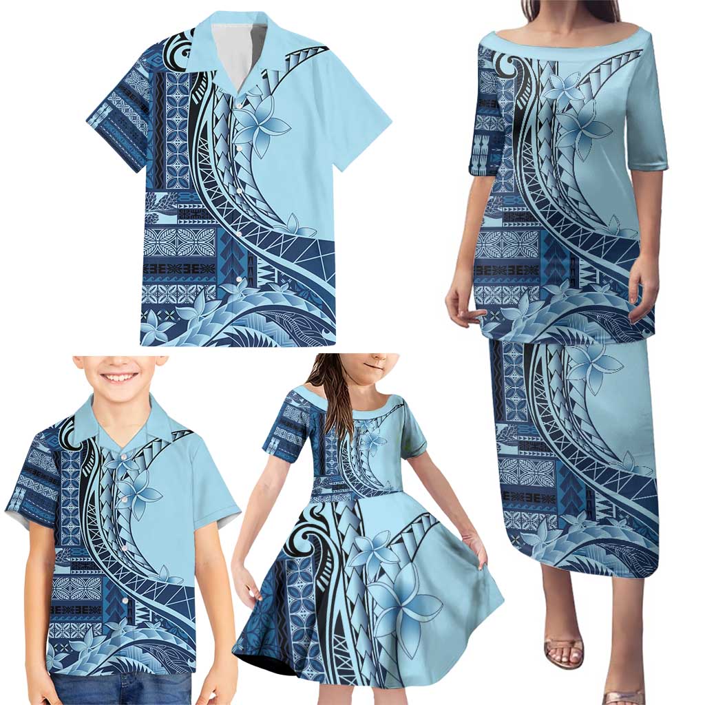 Samoa Siapo Mamanu Family Matching Puletasi and Hawaiian Shirt Plumeria Navy Blue Motifs