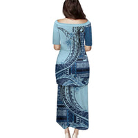 Samoa Siapo Mamanu Family Matching Puletasi and Hawaiian Shirt Plumeria Navy Blue Motifs