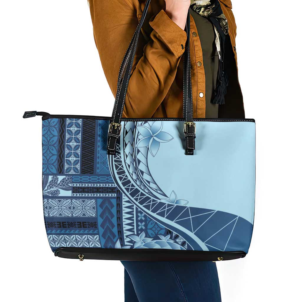 Samoa Siapo Mamanu Leather Tote Bag Plumeria Navy Blue Motifs LT7 - Polynesian Pride