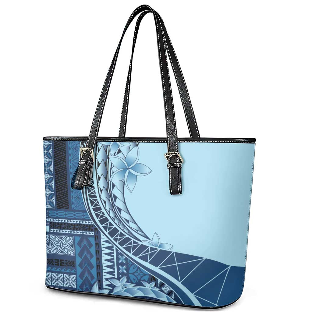 Samoa Siapo Mamanu Leather Tote Bag Plumeria Navy Blue Motifs LT7 - Polynesian Pride
