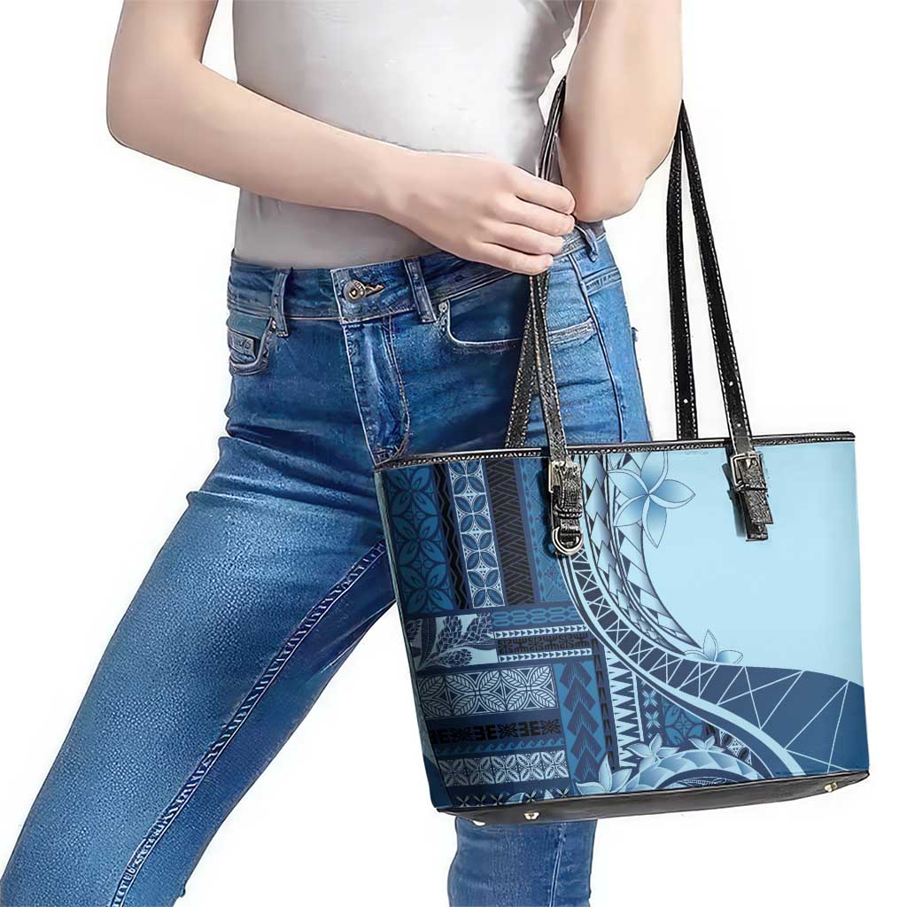 Samoa Siapo Mamanu Leather Tote Bag Plumeria Navy Blue Motifs LT7 - Polynesian Pride