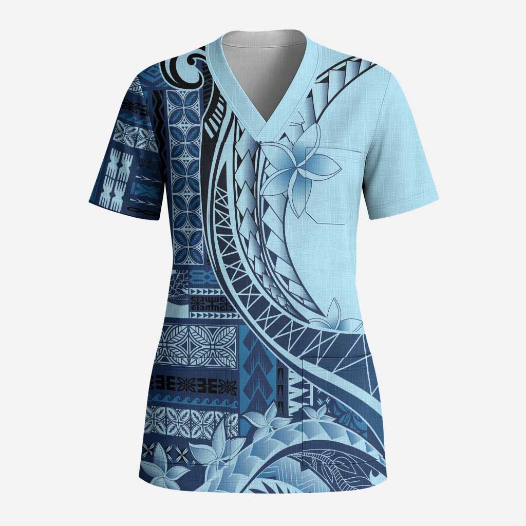 Samoa Siapo Mamanu Scrub Top Plumeria Navy Blue Motifs - Polynesian Pride