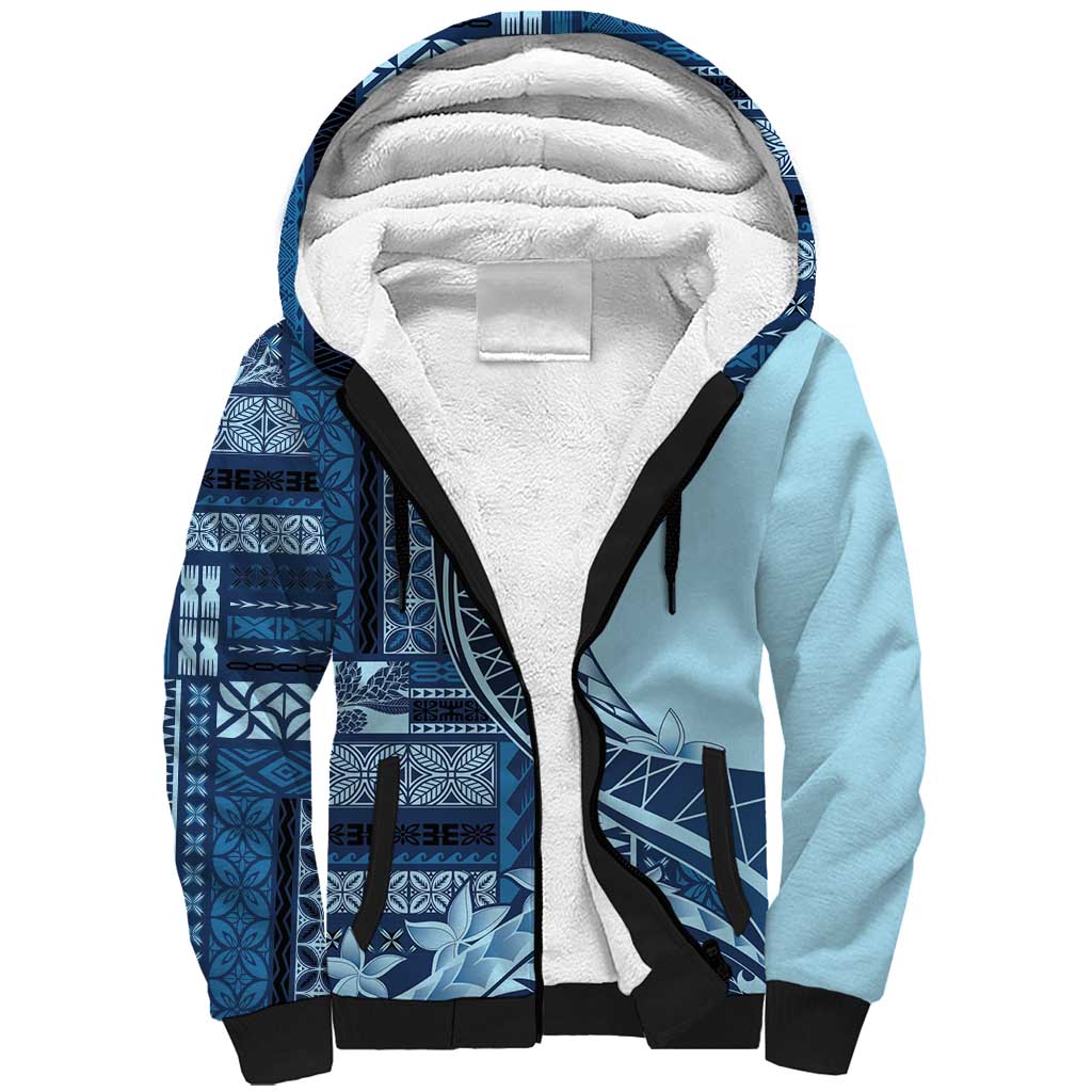 Samoa Siapo Mamanu Sherpa Hoodie Plumeria Navy Blue Motifs LT7 Unisex Blue - Polynesian Pride