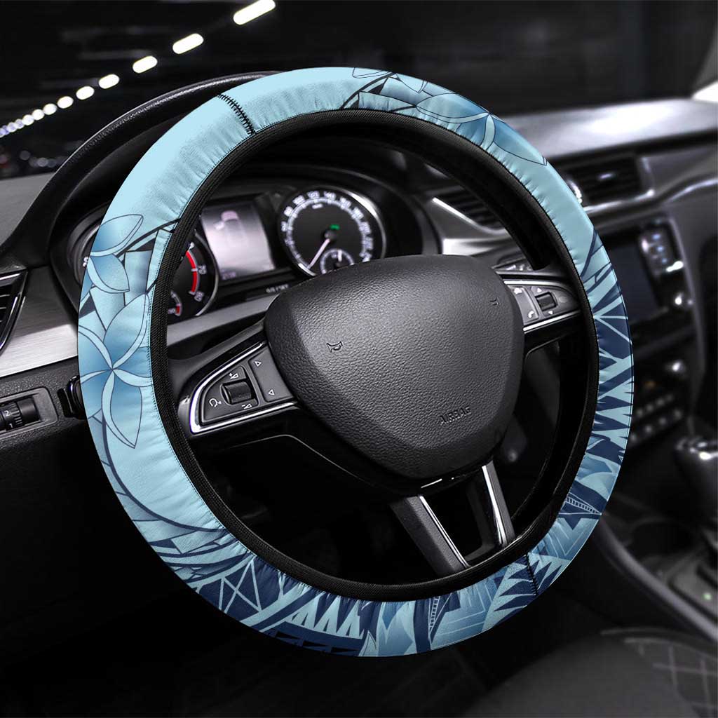 Samoa Siapo Mamanu Steering Wheel Cover Plumeria Navy Blue Motifs LT7 Universal Fit Blue - Polynesian Pride