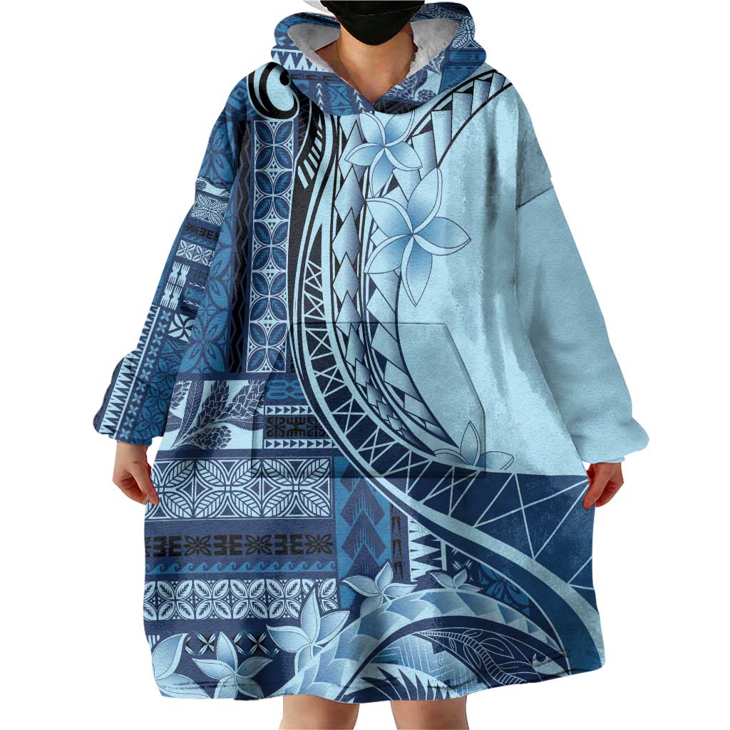 Samoa Siapo Mamanu Wearable Blanket Hoodie Plumeria Navy Blue Motifs LT7 - Polynesian Pride