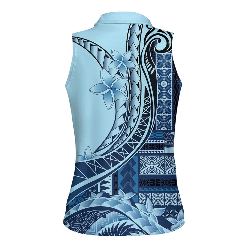Samoa Siapo Mamanu Women Sleeveless Polo Shirt Plumeria Navy Blue Motifs