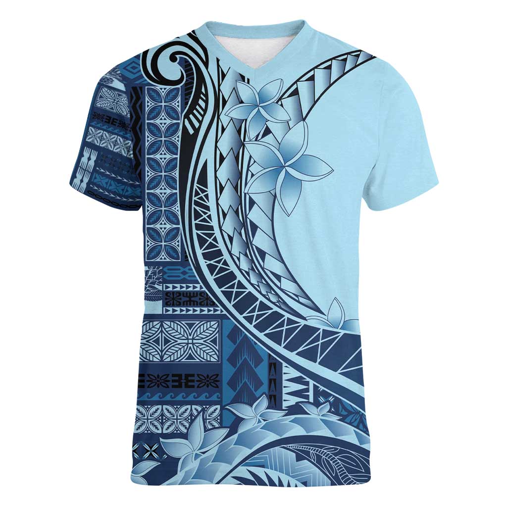 Samoa Siapo Mamanu Women V-Neck T-Shirt Plumeria Navy Blue Motifs LT7 Female Blue - Polynesian Pride