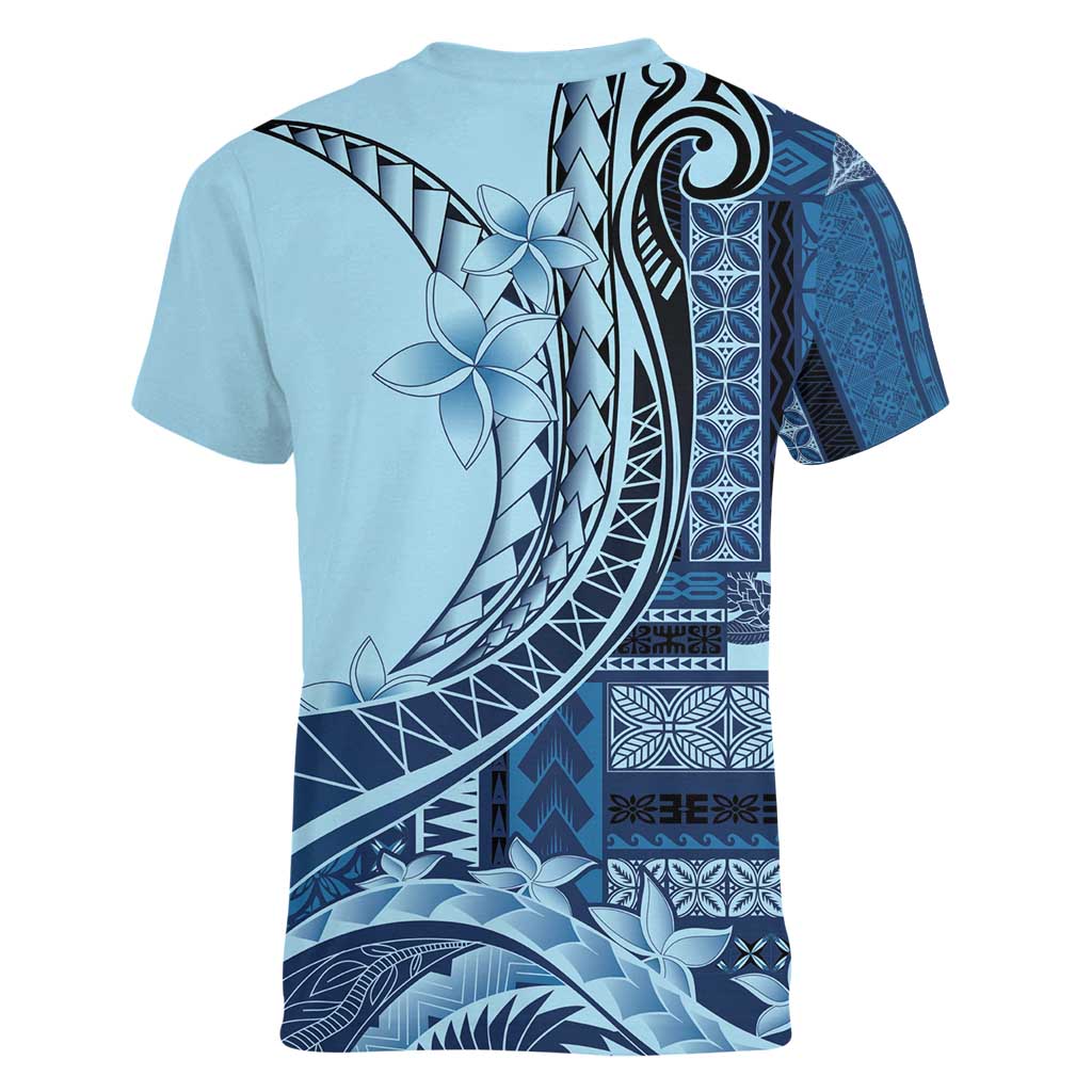 Samoa Siapo Mamanu Women V-Neck T-Shirt Plumeria Navy Blue Motifs LT7 - Polynesian Pride