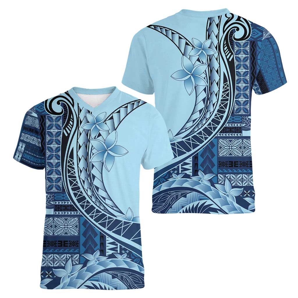 Samoa Siapo Mamanu Women V-Neck T-Shirt Plumeria Navy Blue Motifs LT7 - Polynesian Pride