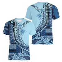 Samoa Siapo Mamanu Women V-Neck T-Shirt Plumeria Navy Blue Motifs LT7 - Polynesian Pride