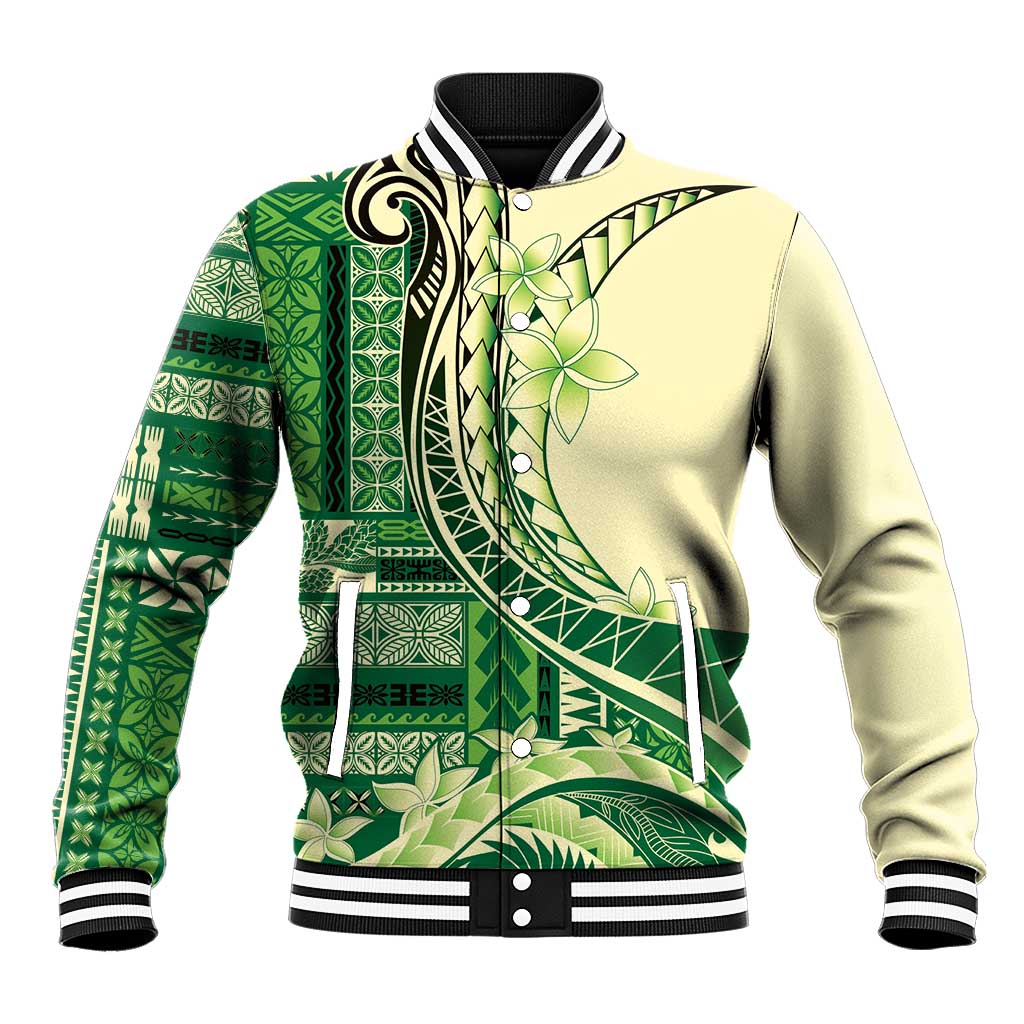 Samoa Siapo Mamanu Baseball Jacket Plumeria Emerald Motifs LT7 Unisex Green - Polynesian Pride