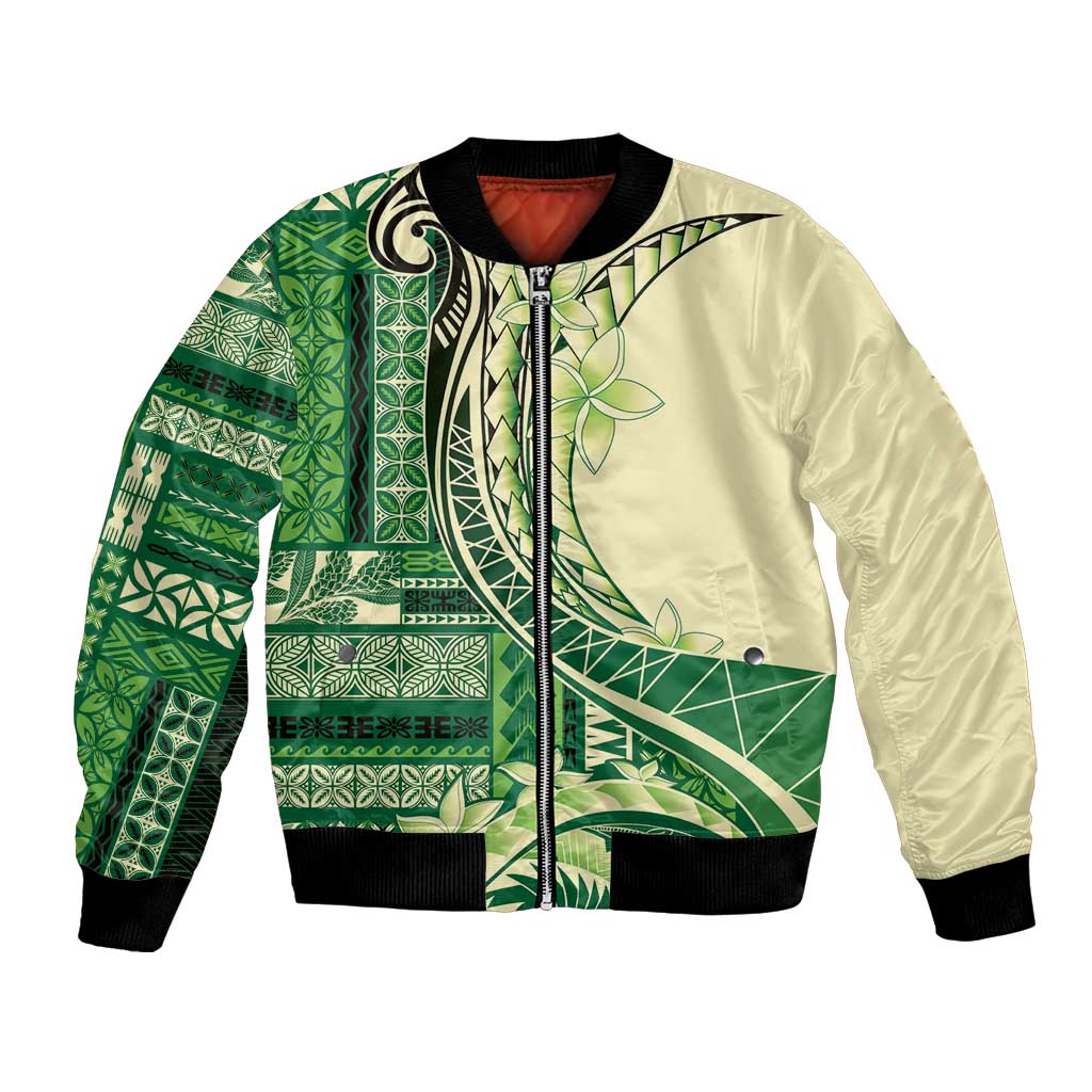 Samoa Siapo Mamanu Bomber Jacket Plumeria Emerald Motifs LT7 Unisex Green - Polynesian Pride