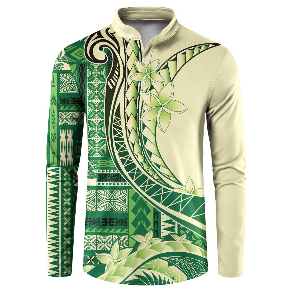 Samoa Siapo Mamanu Button Sweatshirt Plumeria Emerald Motifs LT7 Green - Polynesian Pride
